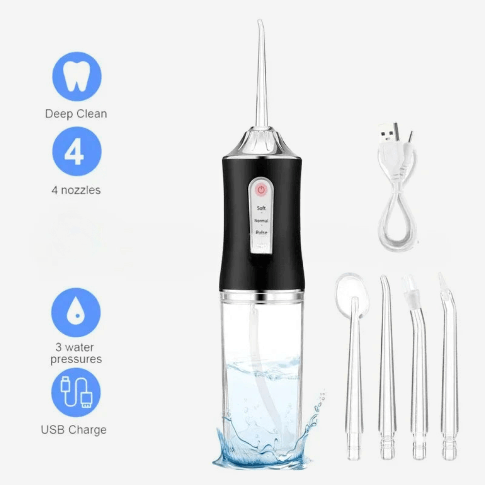Cordless USB rechargeable water flosser with 4 nozzles and 3 pressure settings for deep cleaning teeth.