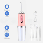 Cordless water flosser with USB charging, 3 modes, and 4 interchangeable nozzles for deep cleaning teeth.