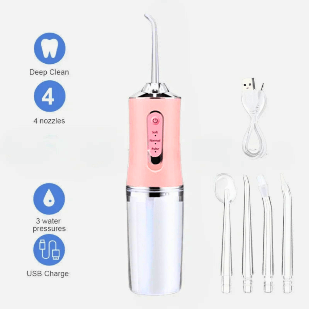 Cordless water flosser with USB charging, 3 modes, and 4 interchangeable nozzles for deep cleaning teeth.