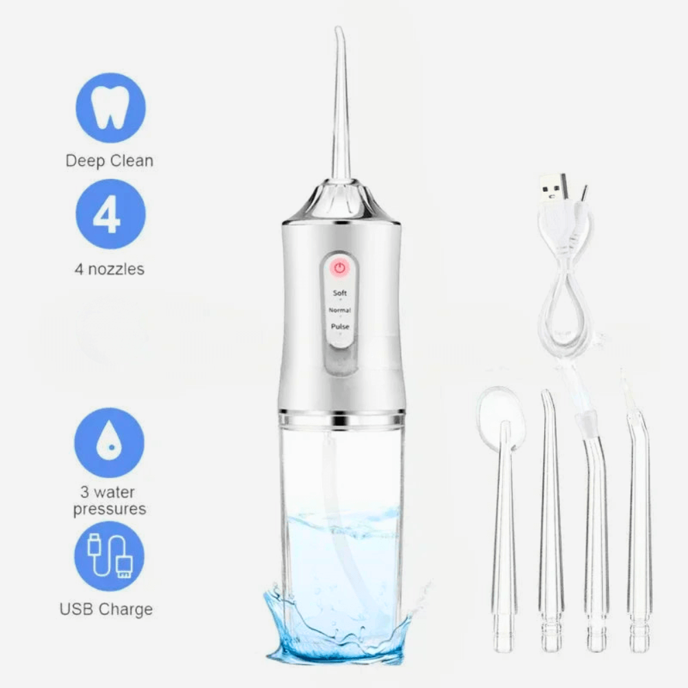 Cordless water flosser with 4 nozzles, USB charge, and 3 pressure modes for effective oral hygiene.