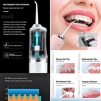 Cordless water flosser features high frequency pulse technology and interchangeable tips for effective oral care.