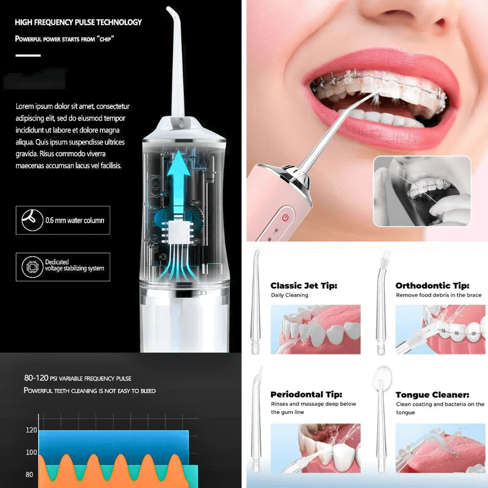 Cordless water flosser features high frequency pulse technology and interchangeable tips for effective oral care.