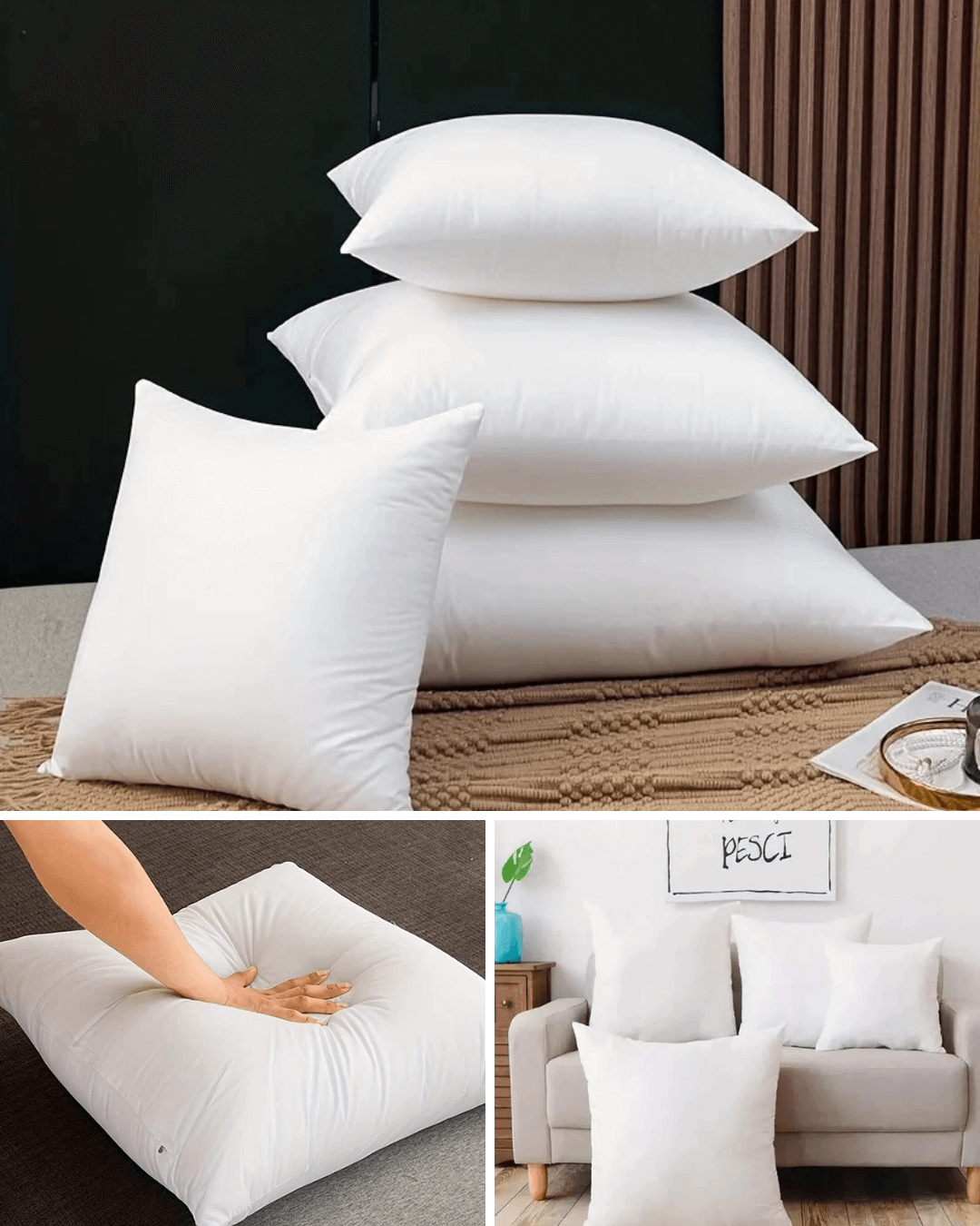 Cotton bounce back pillows stacked on a bed with one pillow being pressed, ideal for home decor and comfort.