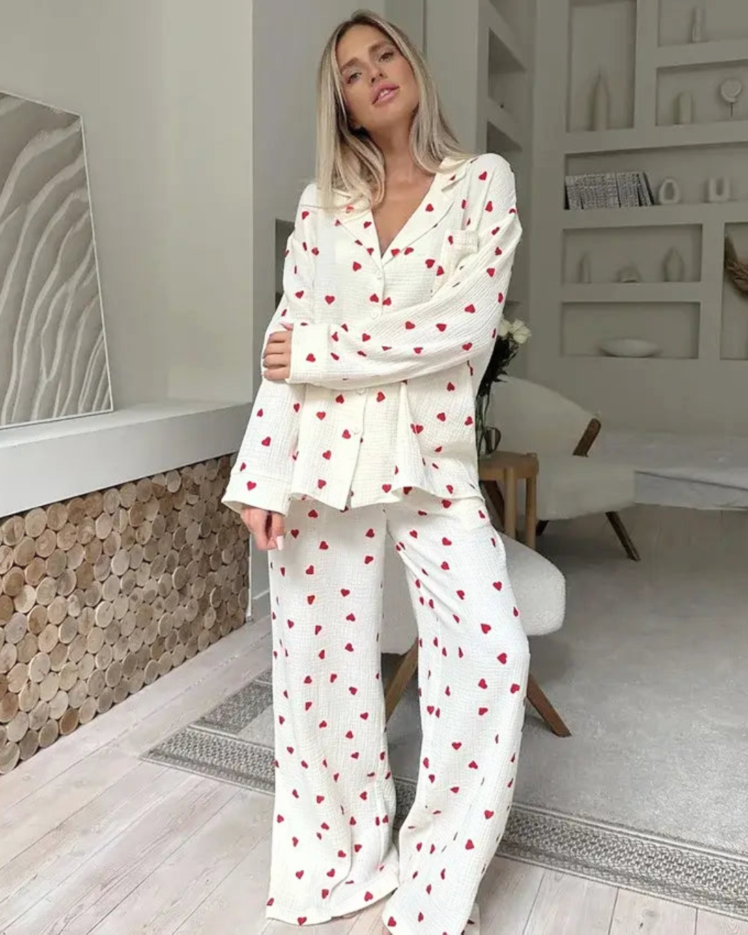 Women's 100% Cotton Heart Print Pyjama Set, soft and breathable, featuring button-down top and elastic-waist pants.