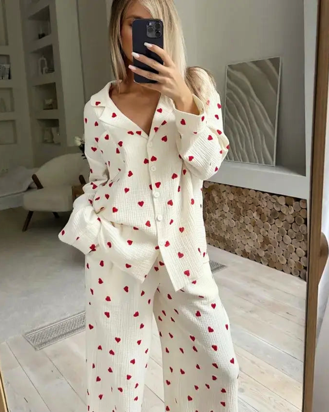 Women's 100% cotton heart print pyjama set, featuring a button-down top and matching wide-leg pants.