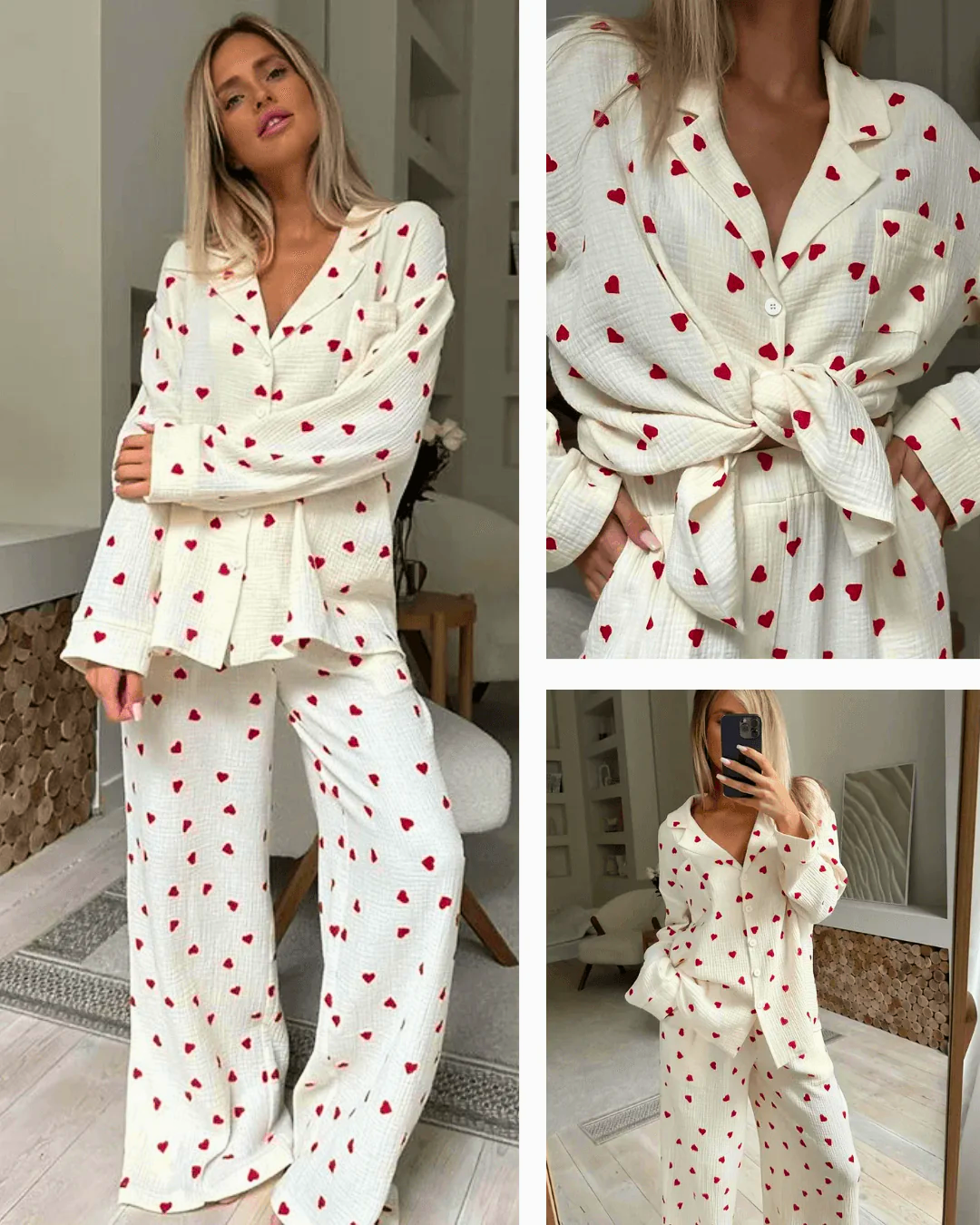 Model wearing women's 100% cotton heart print pyjama set, featuring button-down top and elastic-waist pants.