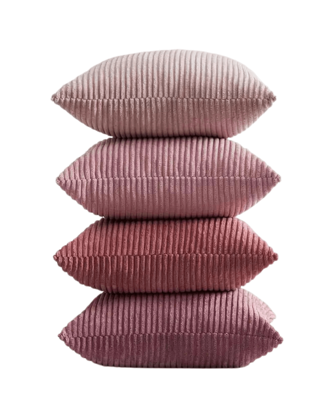 Stack of four soft pink corduroy throw pillow covers in various shades, showcasing a boho style.