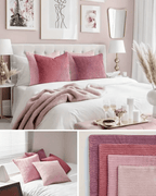 Soft pink corduroy decorative pillow covers on a stylish bedroom setting with cozy blankets and elegant decor.