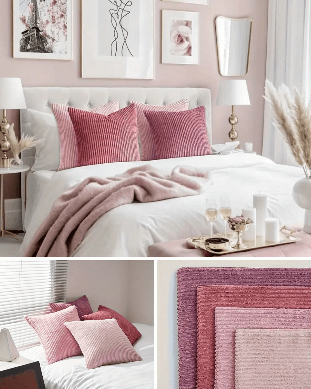 Soft pink corduroy decorative pillow covers on a stylish bedroom setting with cozy blankets and elegant decor.