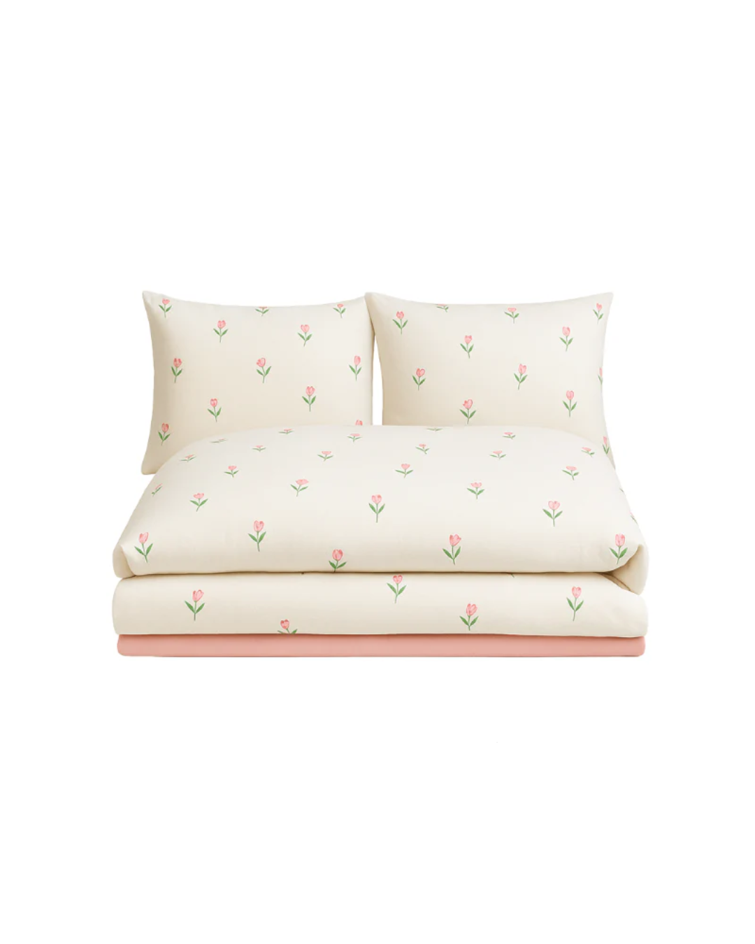 Duvet cover set with floral cream and pink design, featuring tulip patterns on a lightweight microfibre fabric.