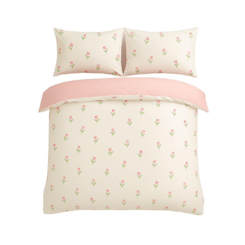 Duvet Cover Set in Floral Cream Pink Design with lightweight microfibre, featuring delicate pink tulips and reversible blush-pink option.