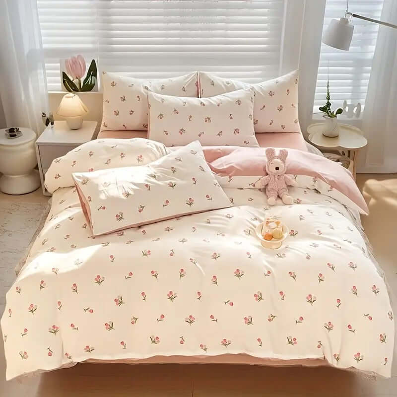 Floral Cream Pink Duvet Cover Set with pillows, lightweight microfibre, styled in a bright bedroom setting.