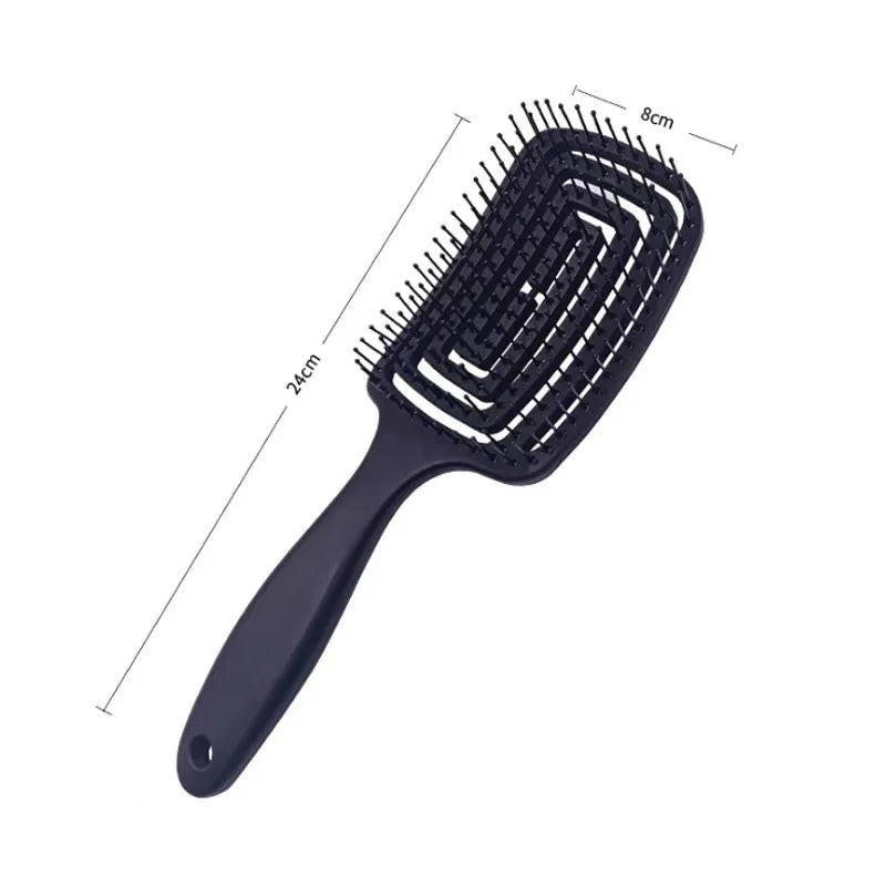 Detangling hair brush with hollow vent design for fast drying and soothing scalp massage, measuring 24cm x 8cm.