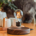 LED bulb levitating above a walnut base, showcasing modern design and adjustable ambiance lighting.