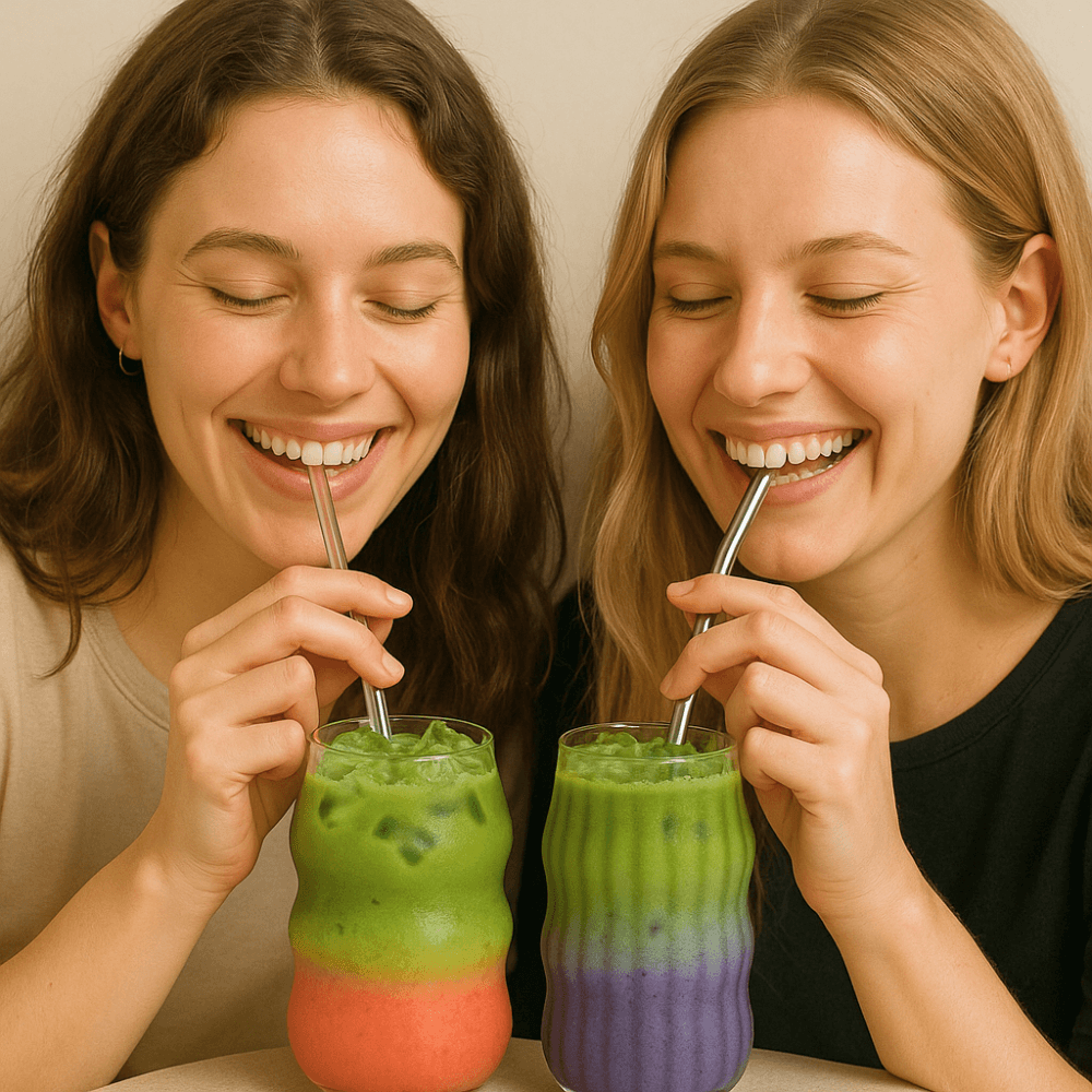 Two women enjoying colorful layered smoothies in heat-resistant matcha glasses with metal straws.