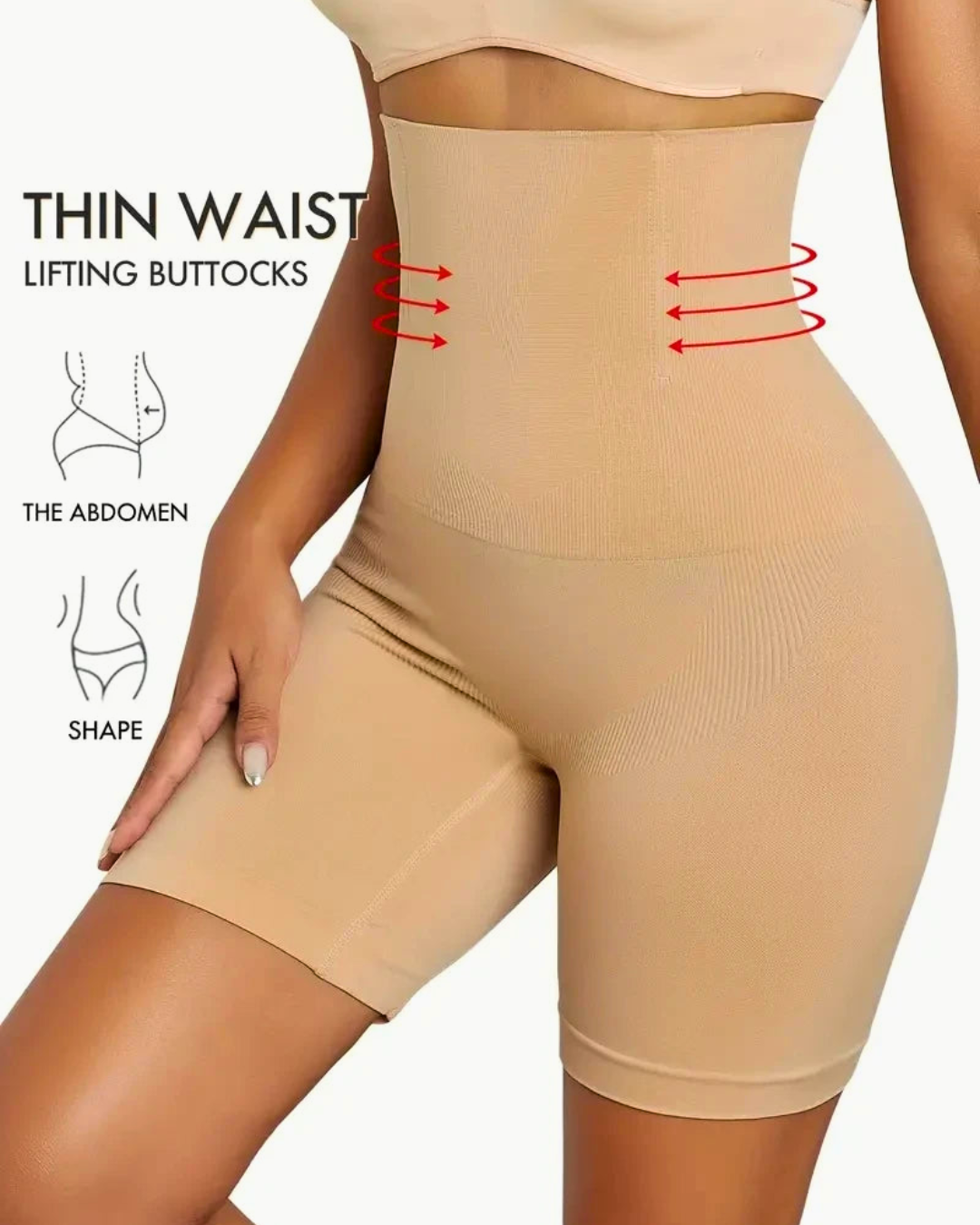 High-waisted seamless shapewear shorts for tummy control and lifting buttocks in nude color.
