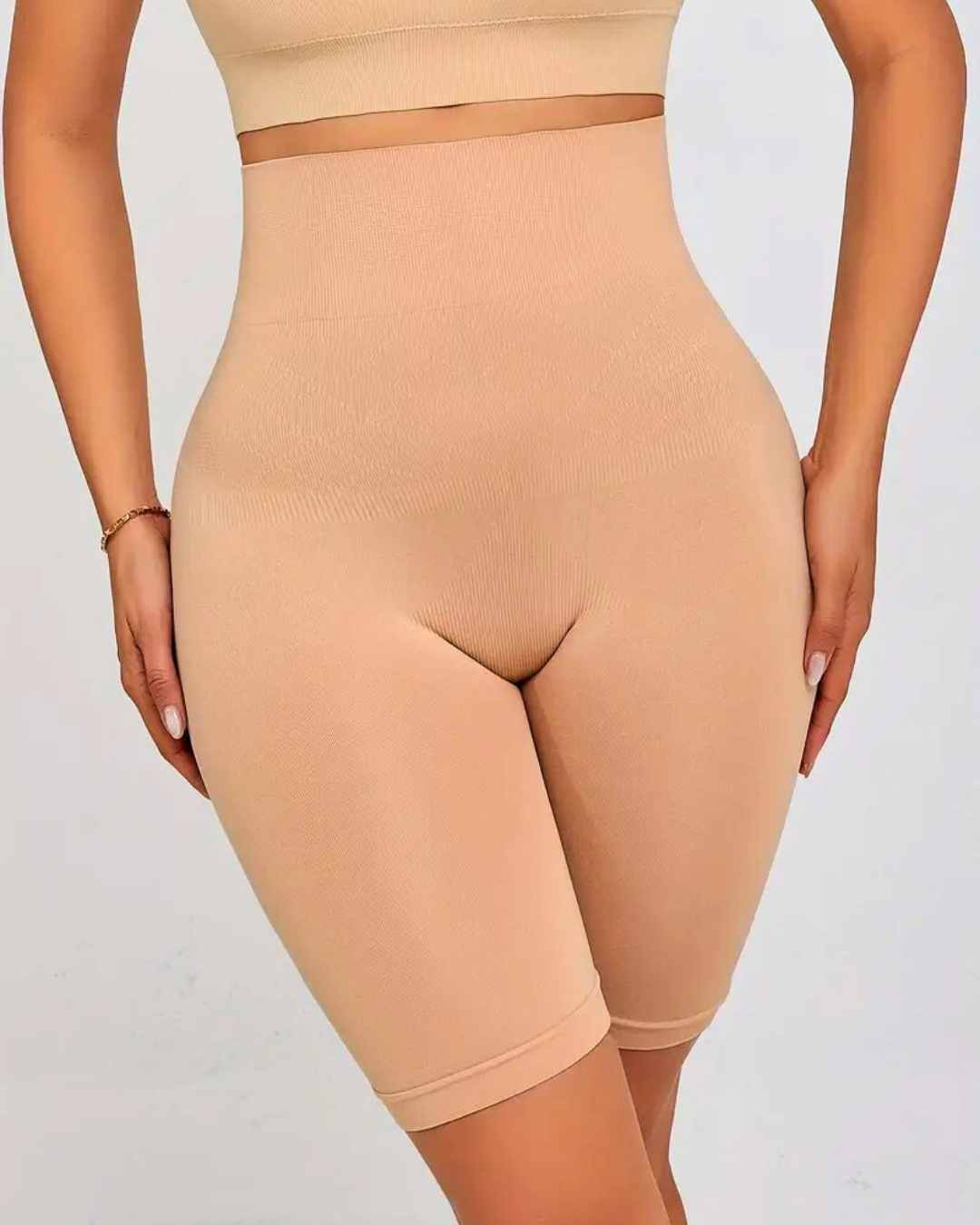 High waist seamless shapewear shorts in nude, providing tummy control and smoothing for all-day comfort.