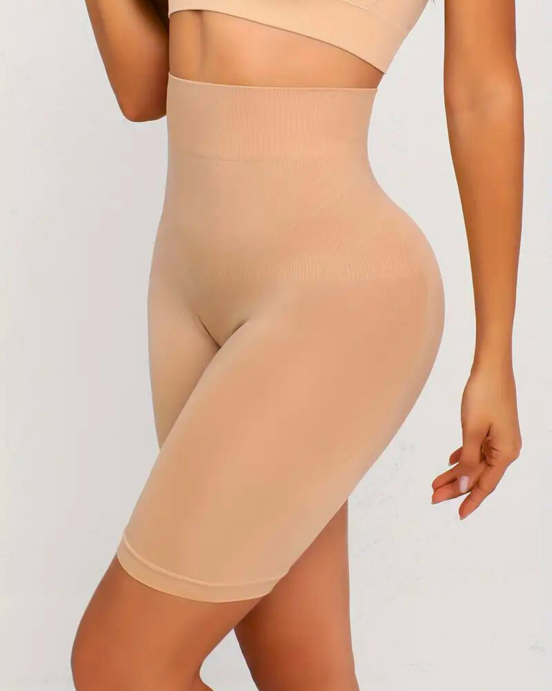 High waist seamless shapewear shorts in nude, designed for tummy control and a smooth silhouette.