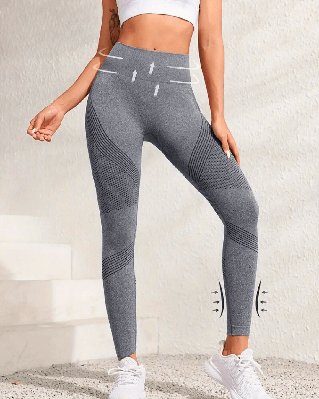 High-waist gray yoga leggings with seamless design for tummy control and butt lift, ideal for workouts and yoga.