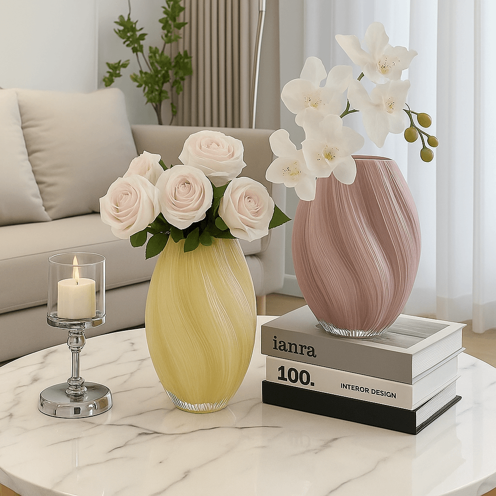Elegant spiral glass flower vases with roses and orchids as centerpieces on a modern coffee table.