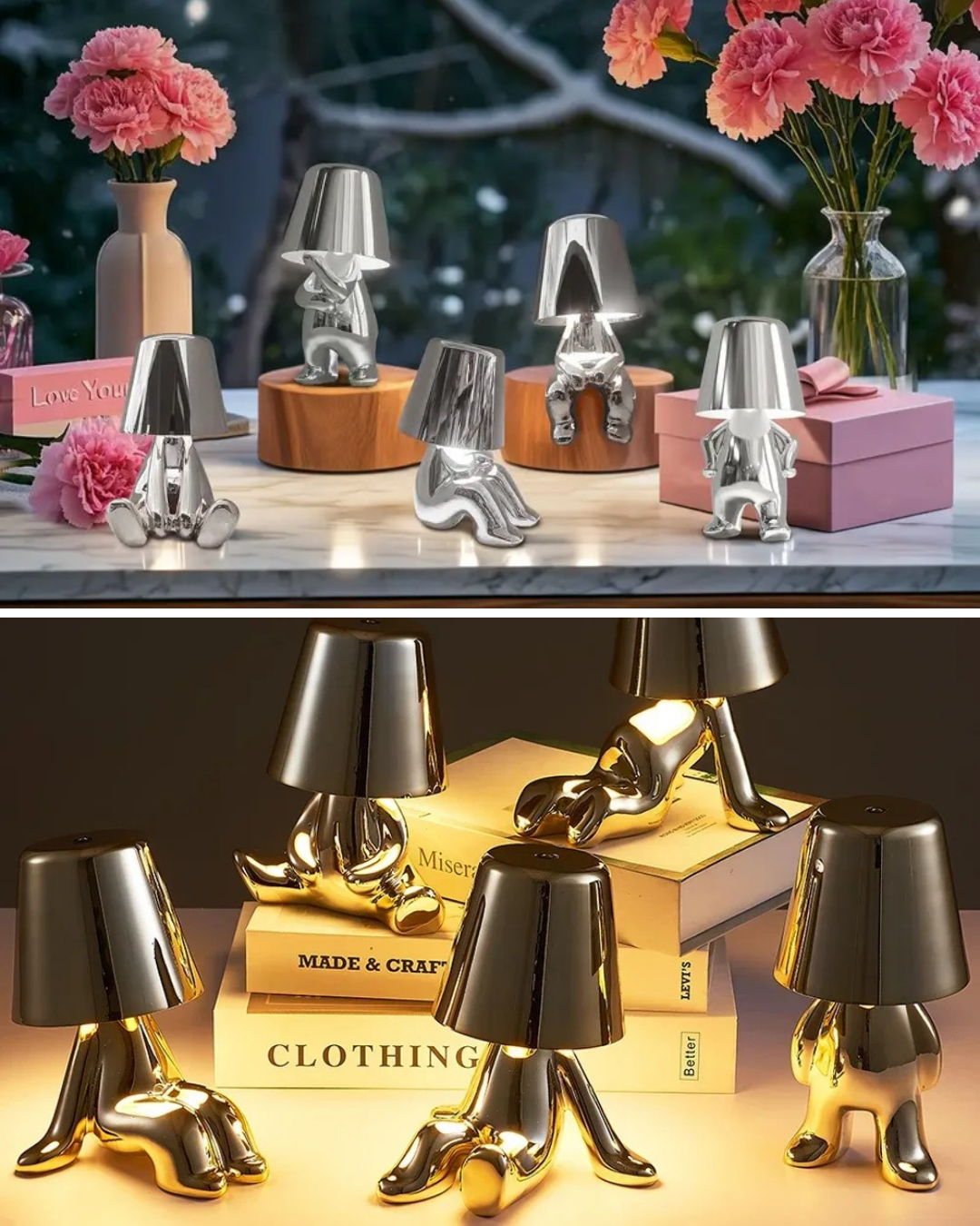 LED figure lamps with playful designs radiating warm light in a stylish interior setting.