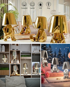 LED figure lamp collection with gold and silver designs, showcasing modern touch dimmers for stylish ambiance.