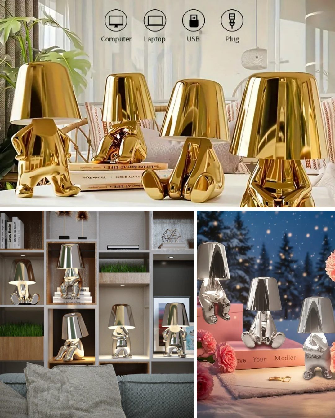 LED figure lamp collection with gold and silver designs, showcasing modern touch dimmers for stylish ambiance.