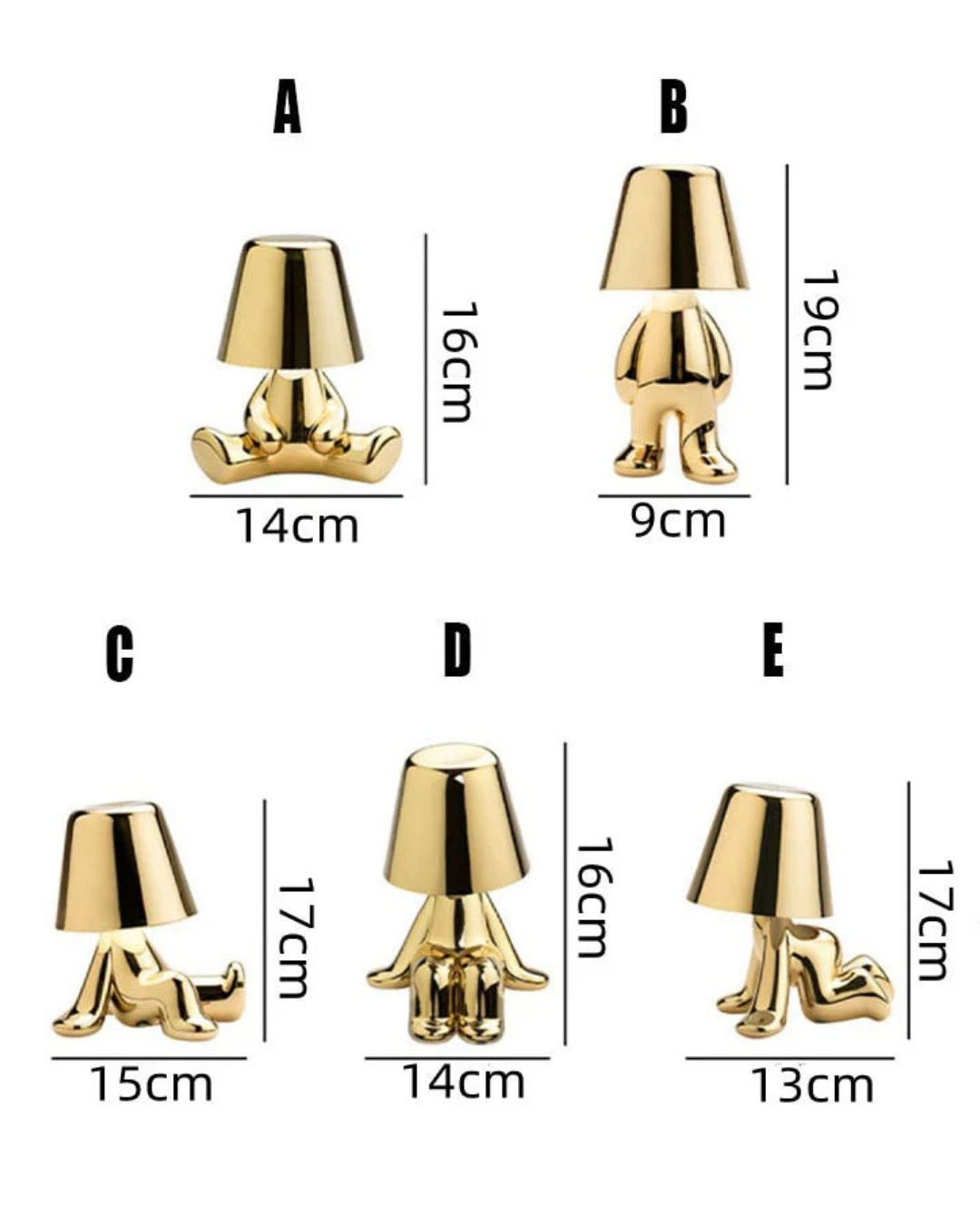 Set of 5 stylish LED figure lamps with varying designs and dimensions, perfect for home decor and ambiance.