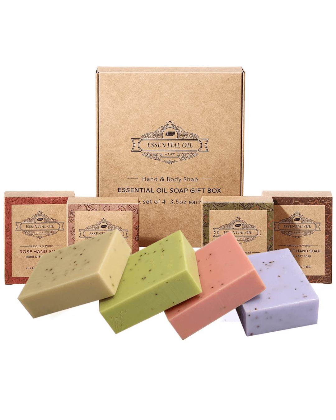 Essential oil soap gift box featuring four colorful handmade soaps, eco-friendly and scented with natural ingredients.