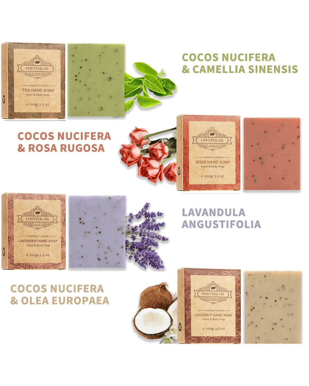 Assorted handmade soap bars with natural ingredients, including lavender, rose, and tea tree essential oils.