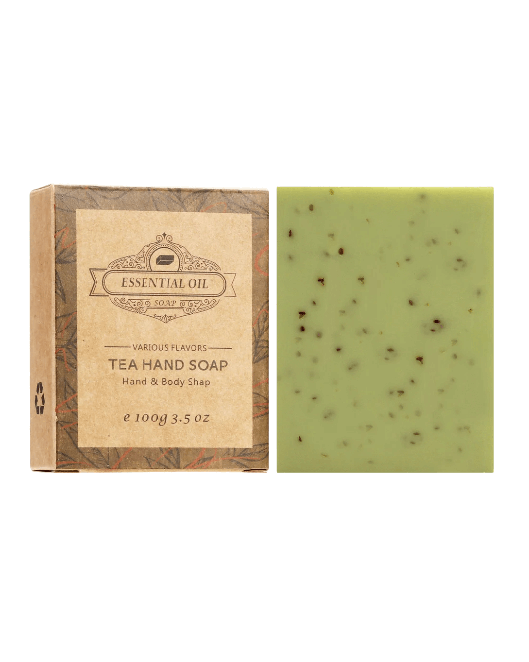 Tea Hand Soap with essential oils in green color, packaged in natural cardboard box, perfect for hand and body care.