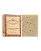 Coconut hand soap bar with essential oils, packaged for body and hand care, eco-friendly and handmade.