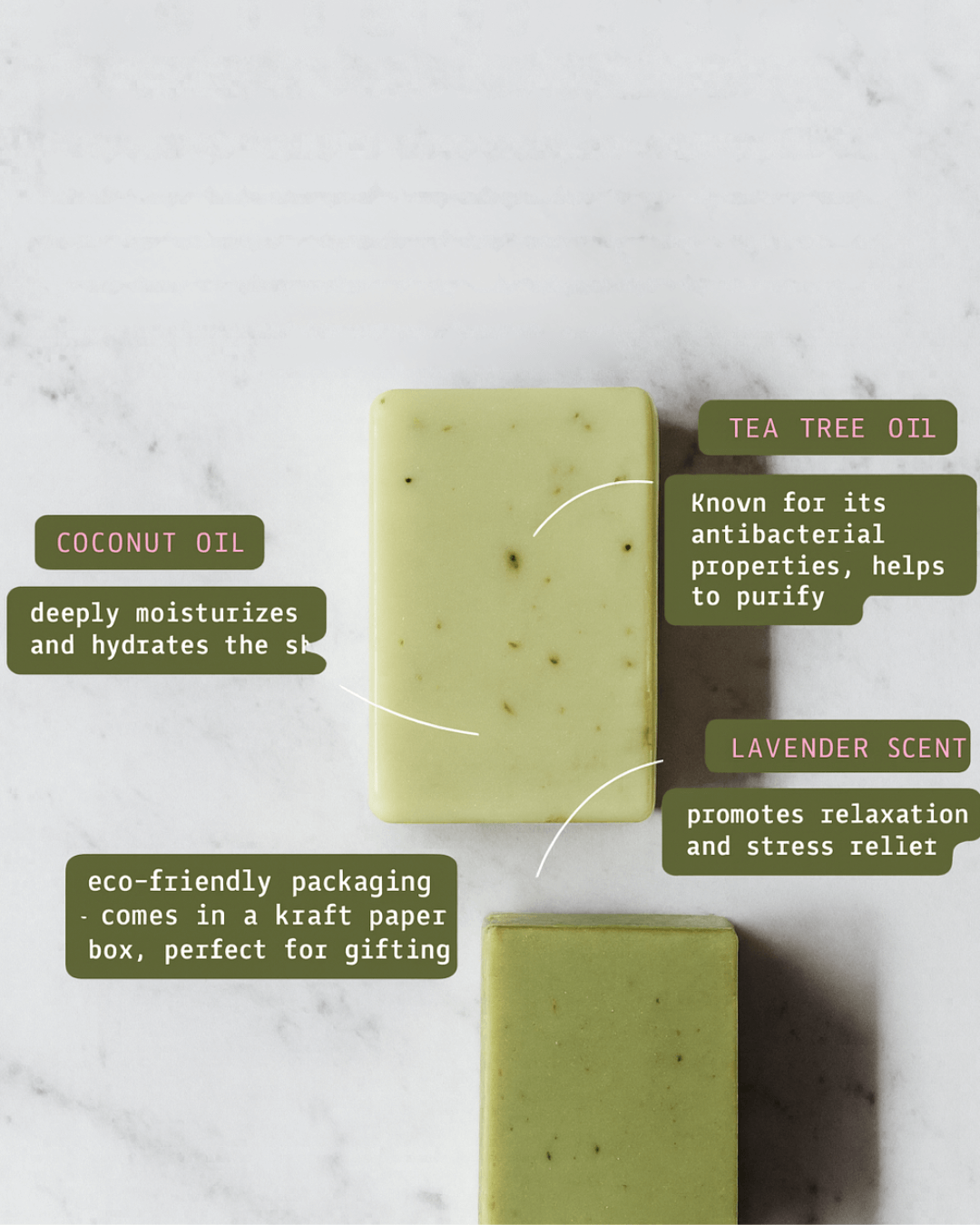 Lavender Frosted Soap Bar with coconut and tea tree oils, eco-friendly packaging, promotes relaxation, and deeply moisturizes skin.