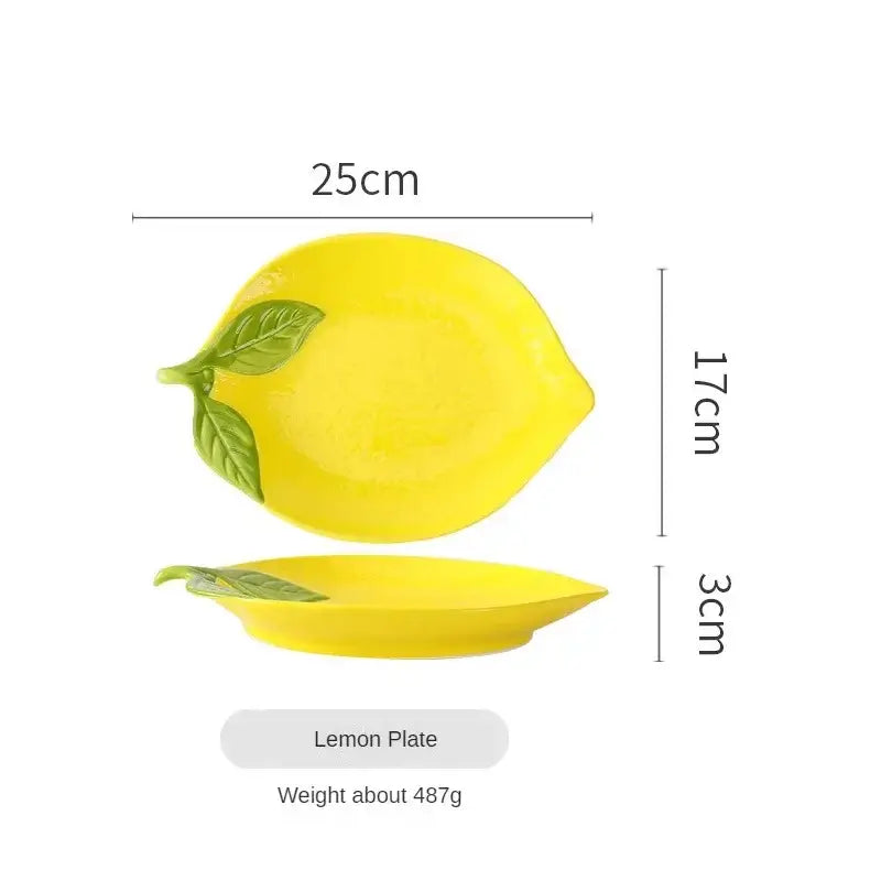 Lemon-shaped ceramic plate with leaf design, 25cm, adds playful charm to tableware for snacks and desserts.