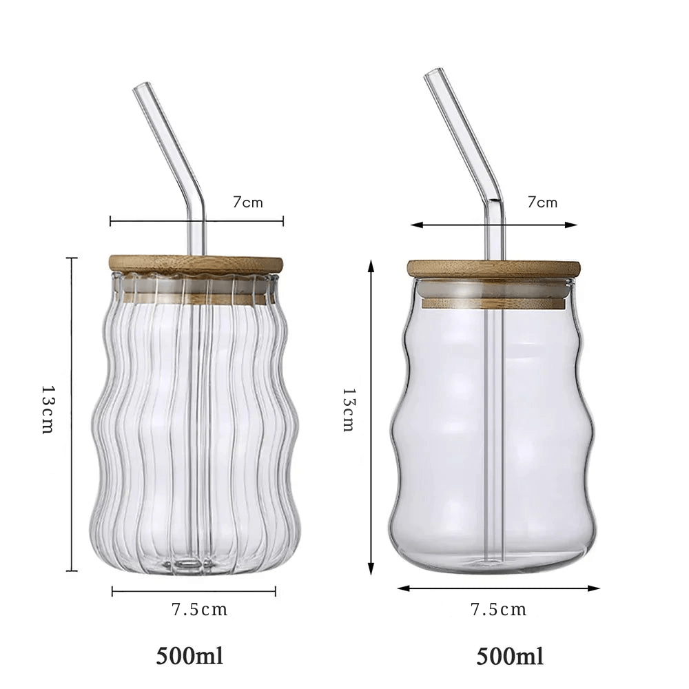500ml matcha glass tumblers with bamboo lids and straws, featuring wavy and smooth designs for stylish serving.