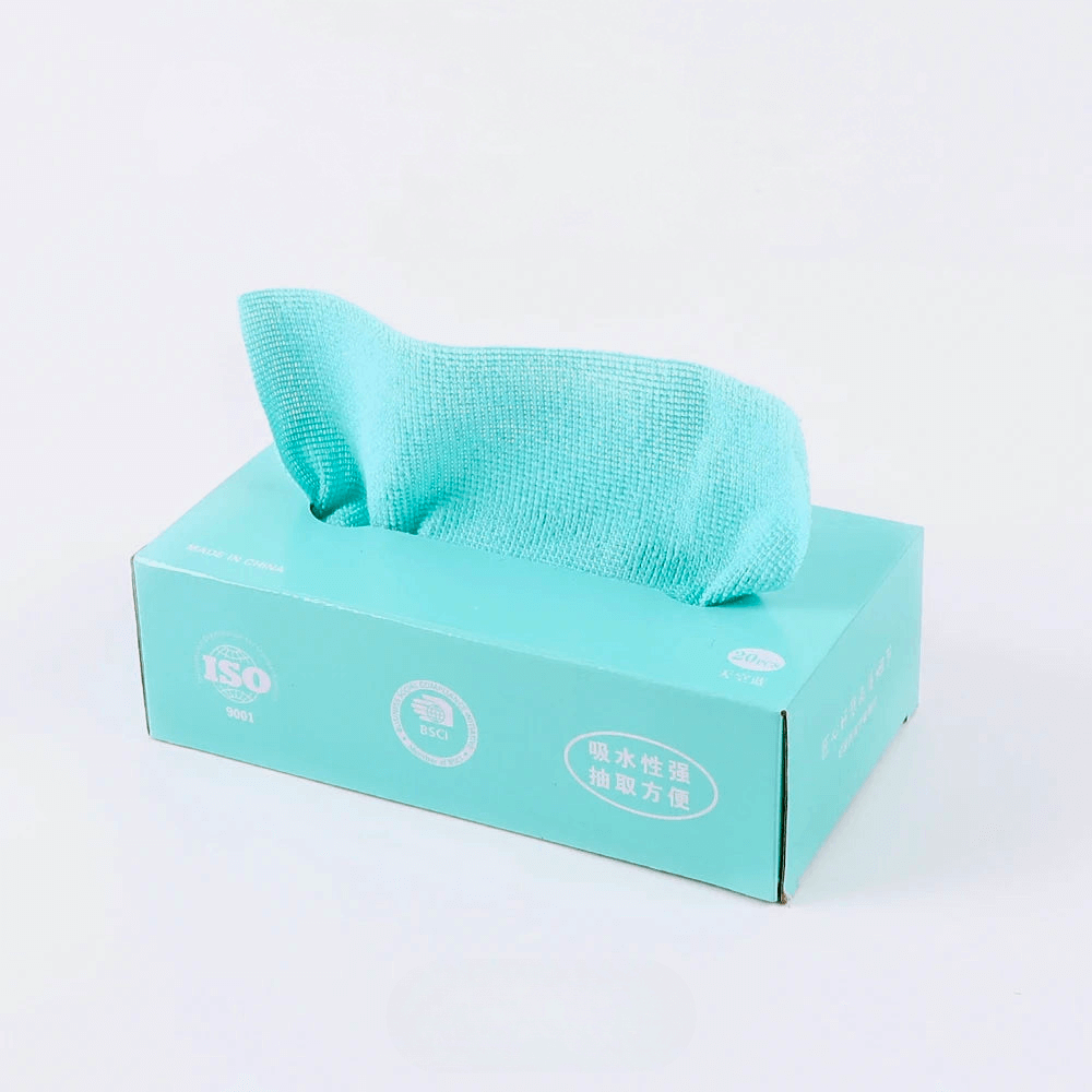 Mint green microfibre cleaning cloths in a box for streak-free drying of glass and porcelain.