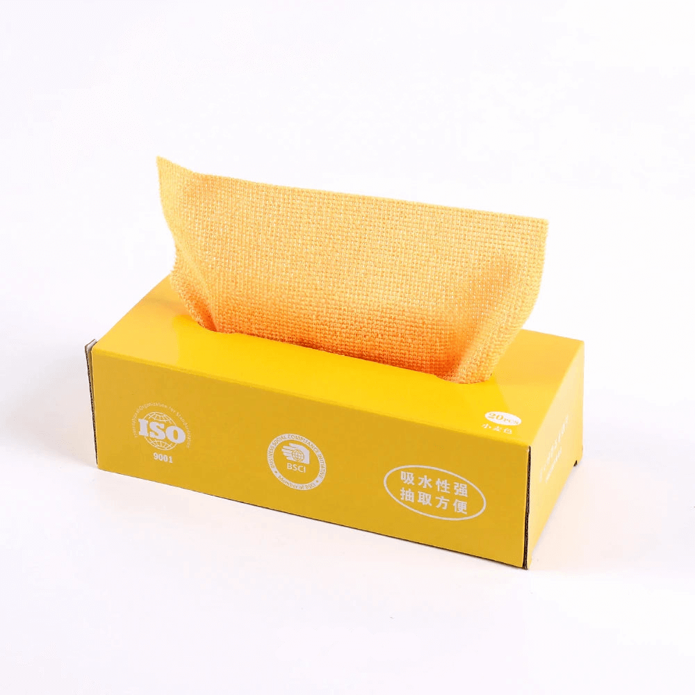 Yellow microfibre cleaning cloths packaging, showcasing super absorbent and lint-free qualities.