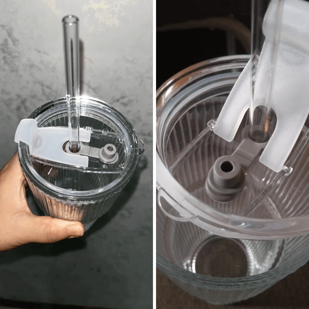 Matcha glass tumbler with lid and reusable straw, showcasing ribbed design and clear lid for iced drinks.