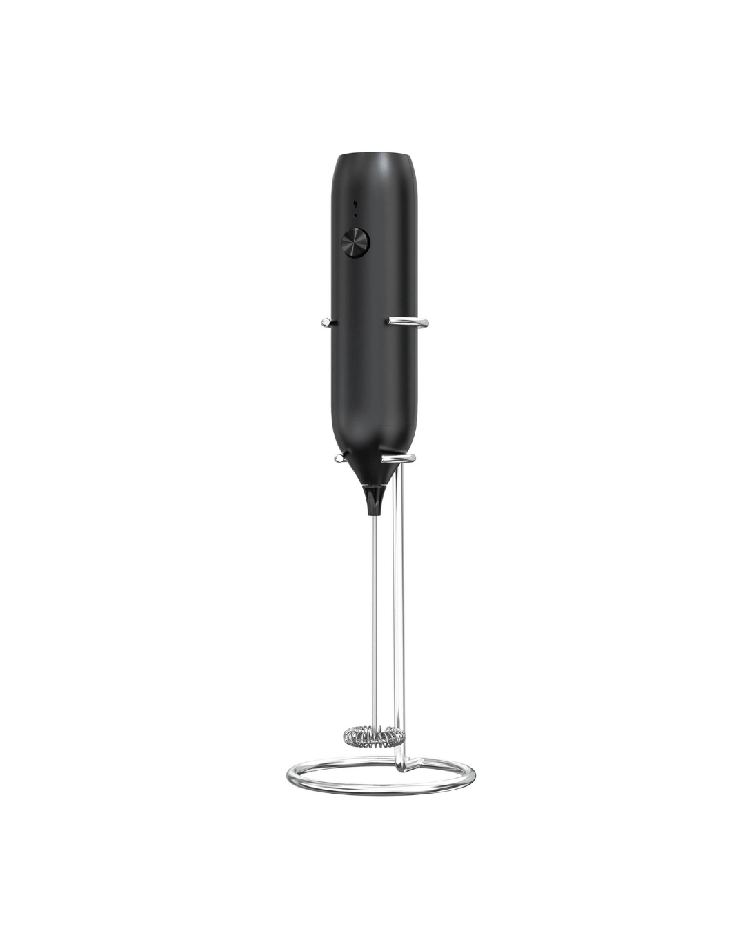 Black USB-C rechargeable matcha whisk and milk frother with stainless steel head and stand