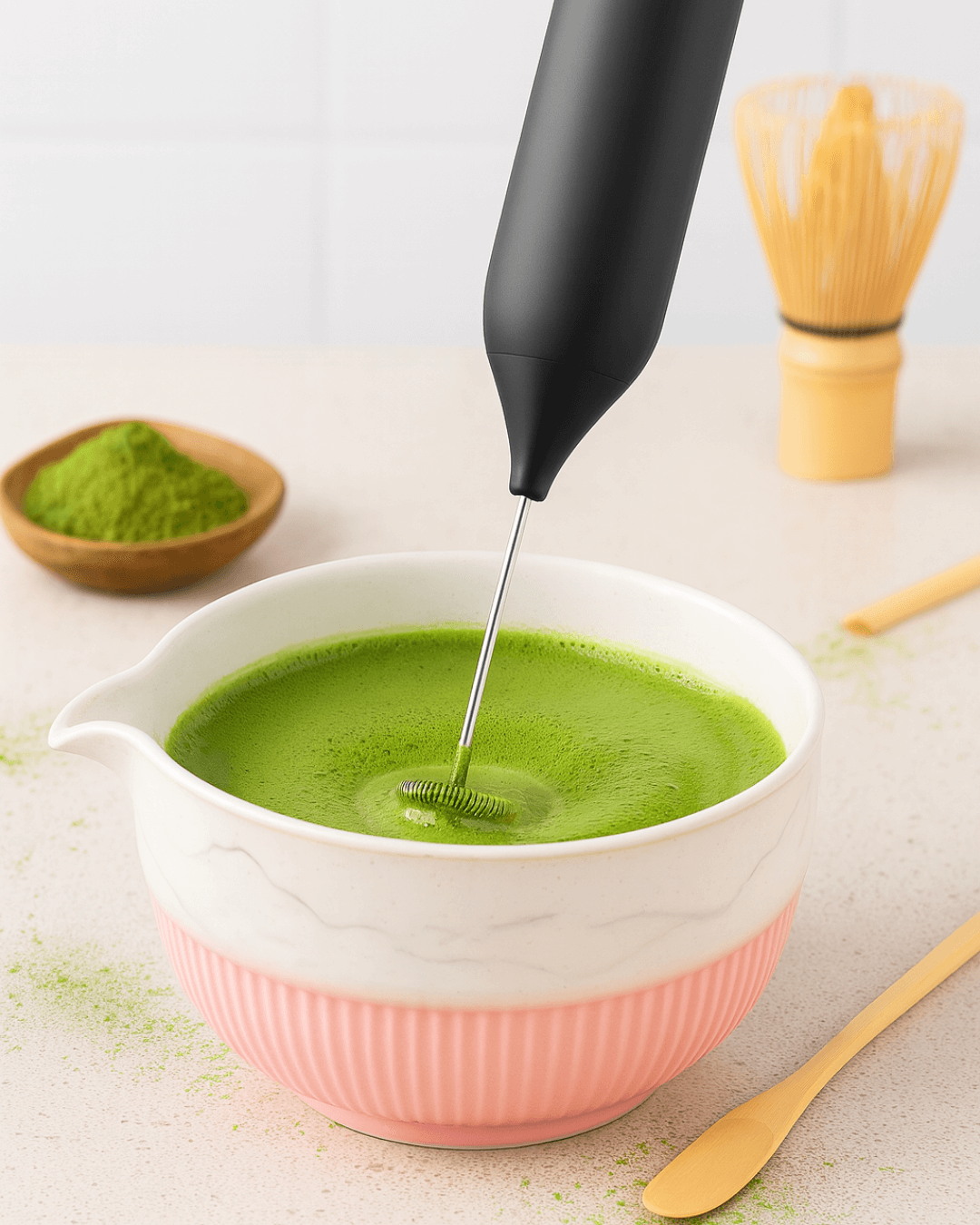 Electric matcha whisk frothing vibrant green tea in a bowl with matcha powder in background.