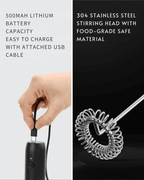 Hand holding a USB-C rechargeable whisk with stainless steel stirring head, showcasing its lithium battery capacity.