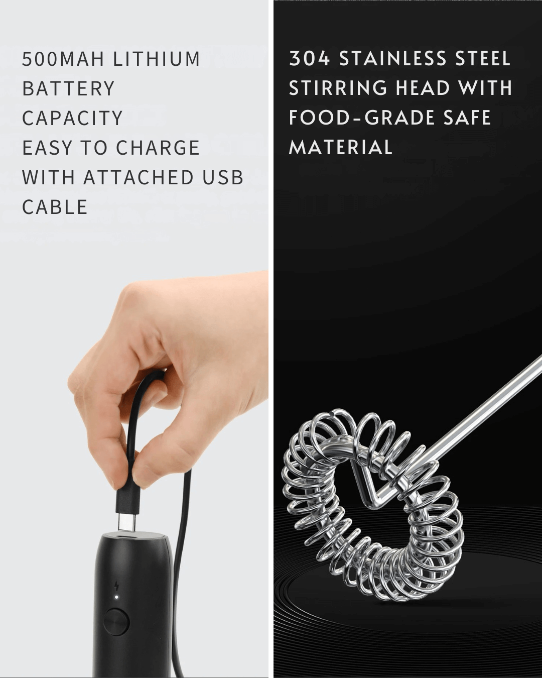 Hand holding a USB-C rechargeable whisk with stainless steel stirring head, showcasing its lithium battery capacity.