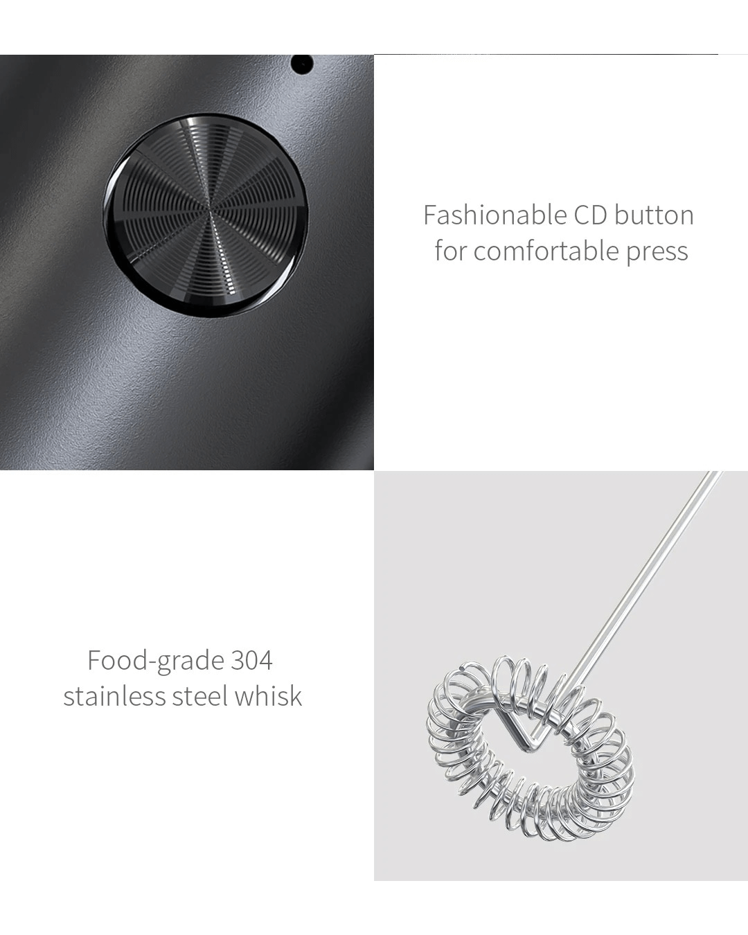 Close-up of a stylish CD button and food-grade 304 stainless steel whisk for frothing.
