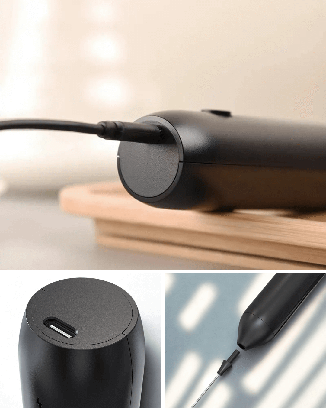 Close-up of a USB-C rechargeable matcha whisk frother with a sleek black design.