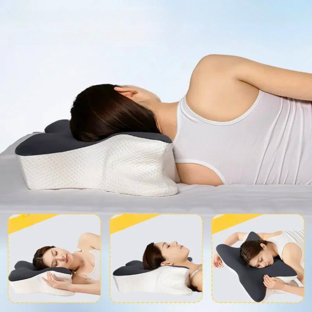 Ergonomic orthopedic memory foam neck pillow for neck pain relief and better sleep, featuring butterfly design.