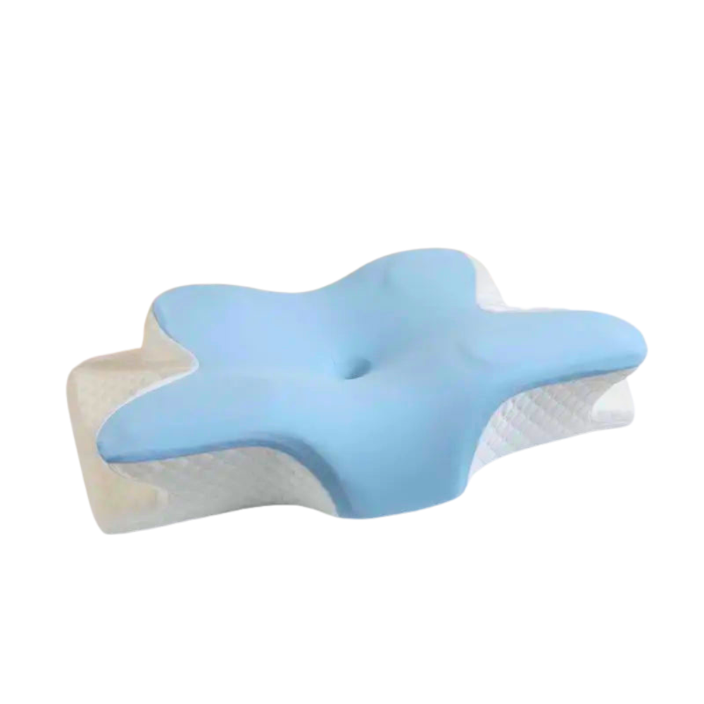 Orthopedic memory foam neck pillow with butterfly design for neck pain relief and better sleep.