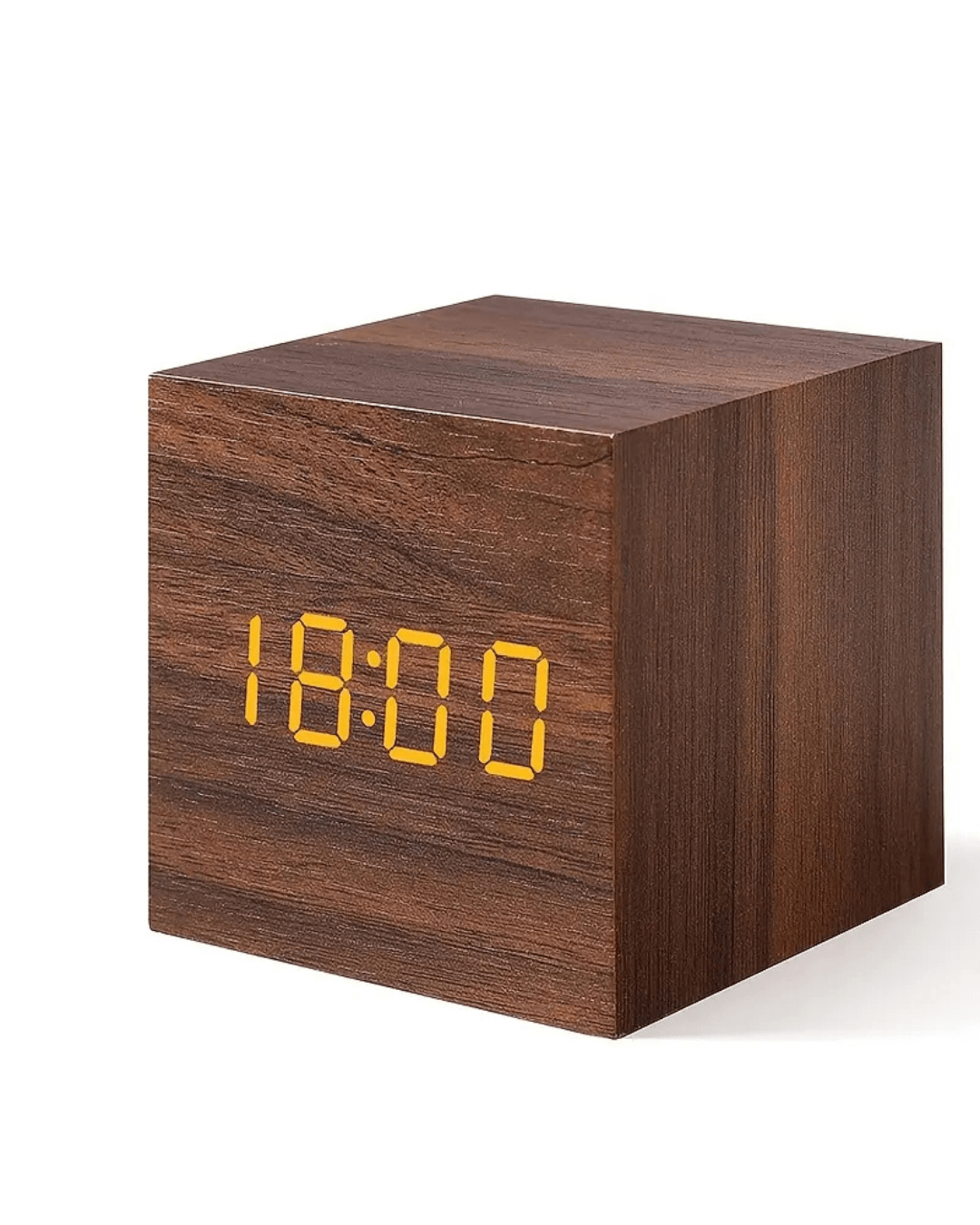 Mini LED digital alarm clock in a wood finish displaying time, features adjustable brightness and night mode.