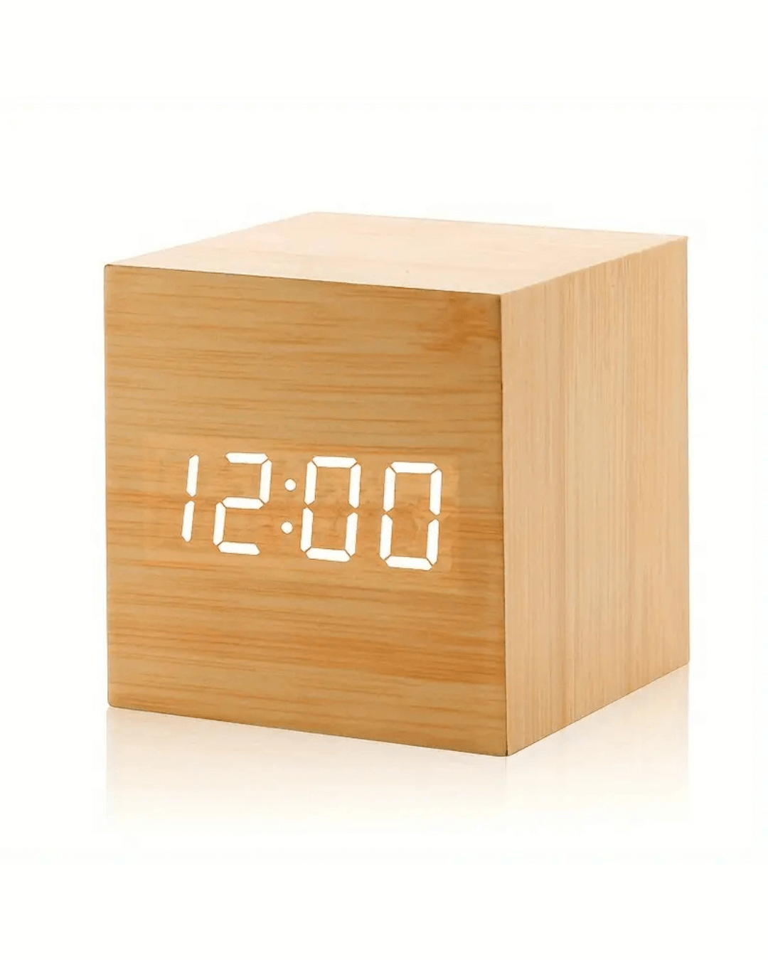 Mini LED digital alarm clock in bamboo finish displaying 12:00, featuring adjustable brightness and night mode.