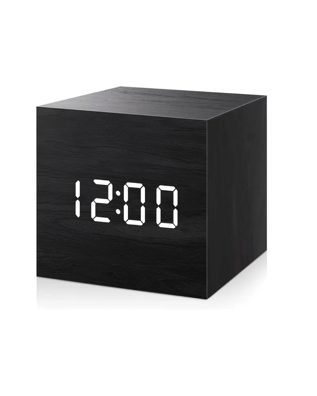 Mini LED digital alarm clock displaying 12:00 on a sleek black cube design, featuring adjustable brightness and night mode.