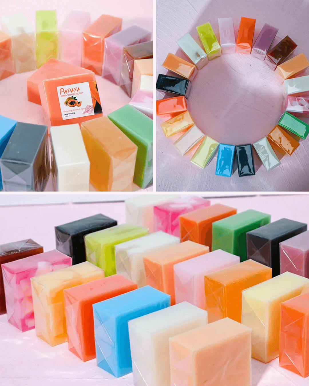 Colorful assortment of organic soaps, showcasing various scents and hues, perfect for gentle cleansing and skincare.